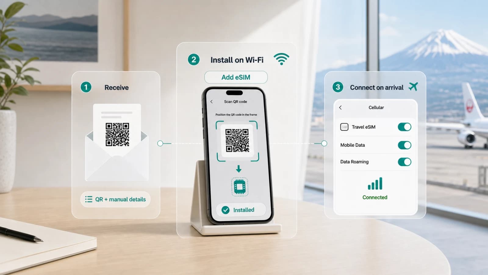 Three-step eSIM setup: receive the QR code, install on Wi-Fi and connect after landing