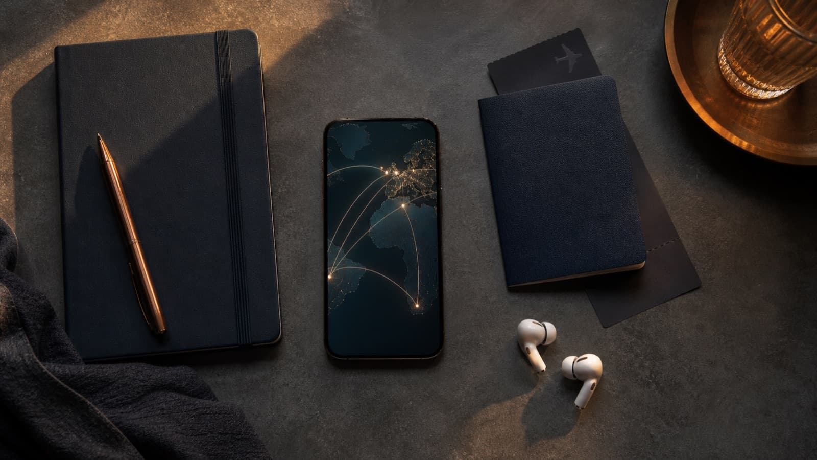 International travel planning desk with a smartphone showing an abstract route map beside a notebook and travel documents.