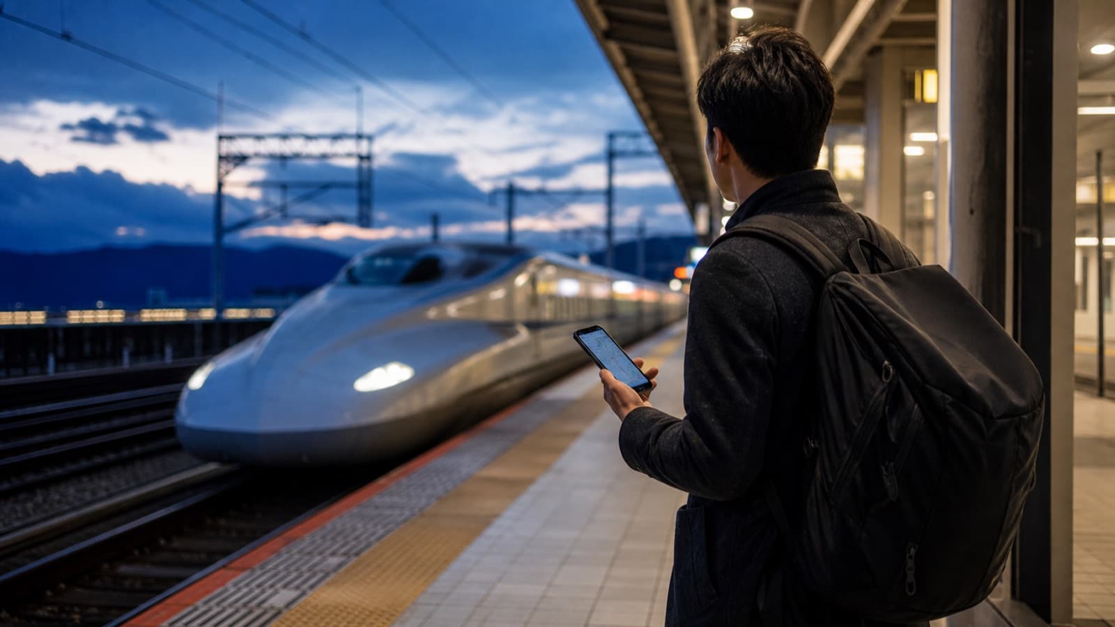 Traveler beside a Shinkansen train in Japan