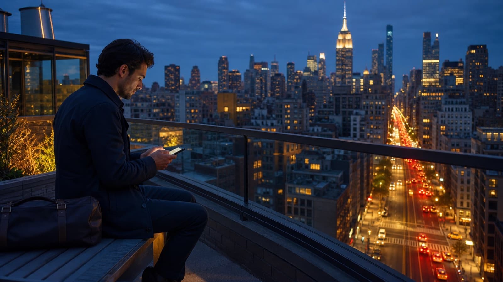 Traveler using a smartphone above a Manhattan city grid at blue hour.