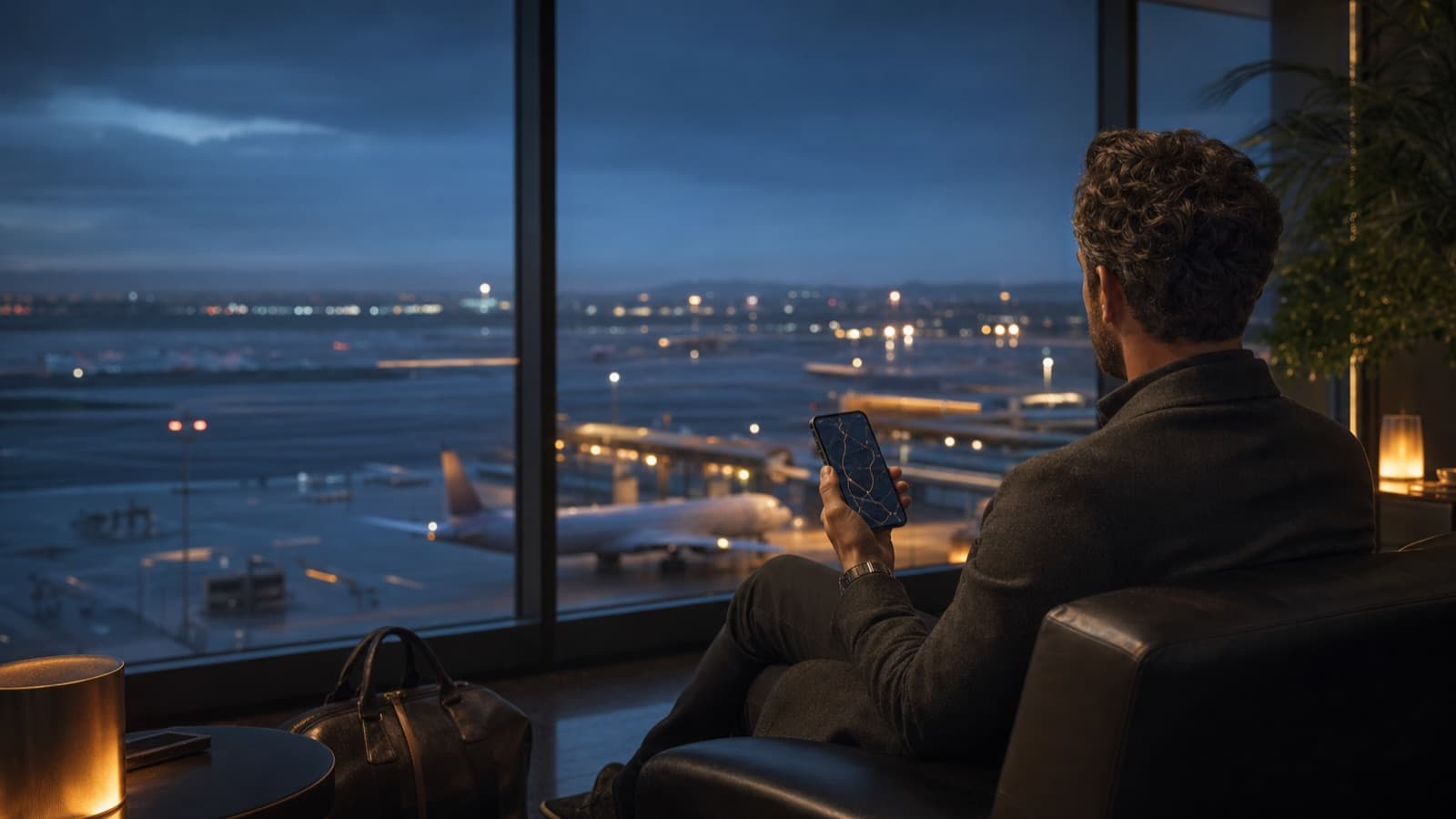 Traveler reviewing a route on a smartphone in a quiet airport lounge before an international flight.