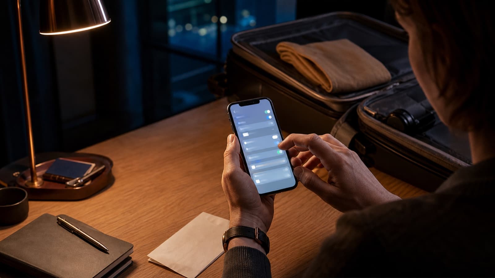 Traveler configuring an eSIM on a smartphone beside a packed carry-on before departure.