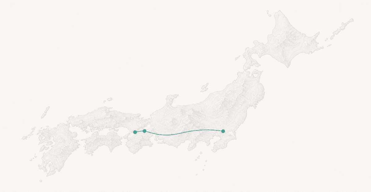 Pale map of Japan with a route connecting Osaka, Kyoto and Tokyo